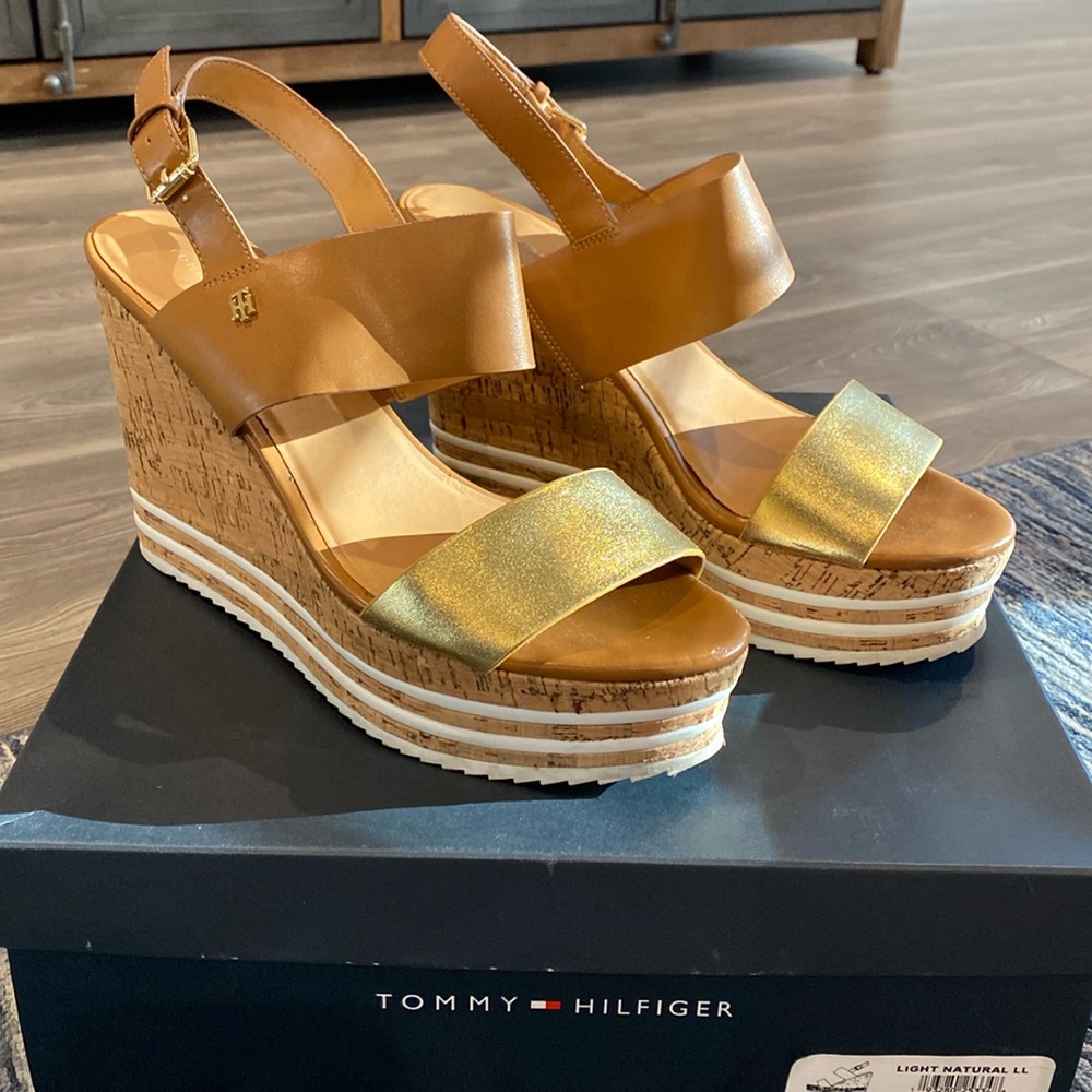 Tommy Hilfiger Tan and Gold Wedge Sandal